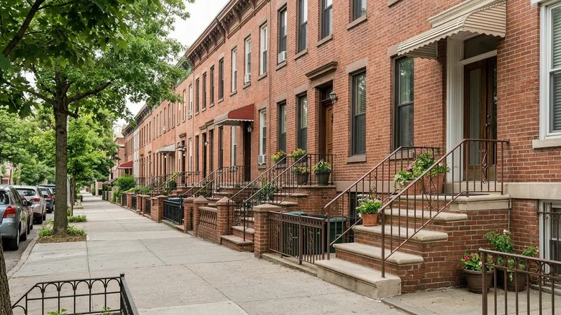 A row of attached brick homes with stoops along a quiet Ridgewood residential street
